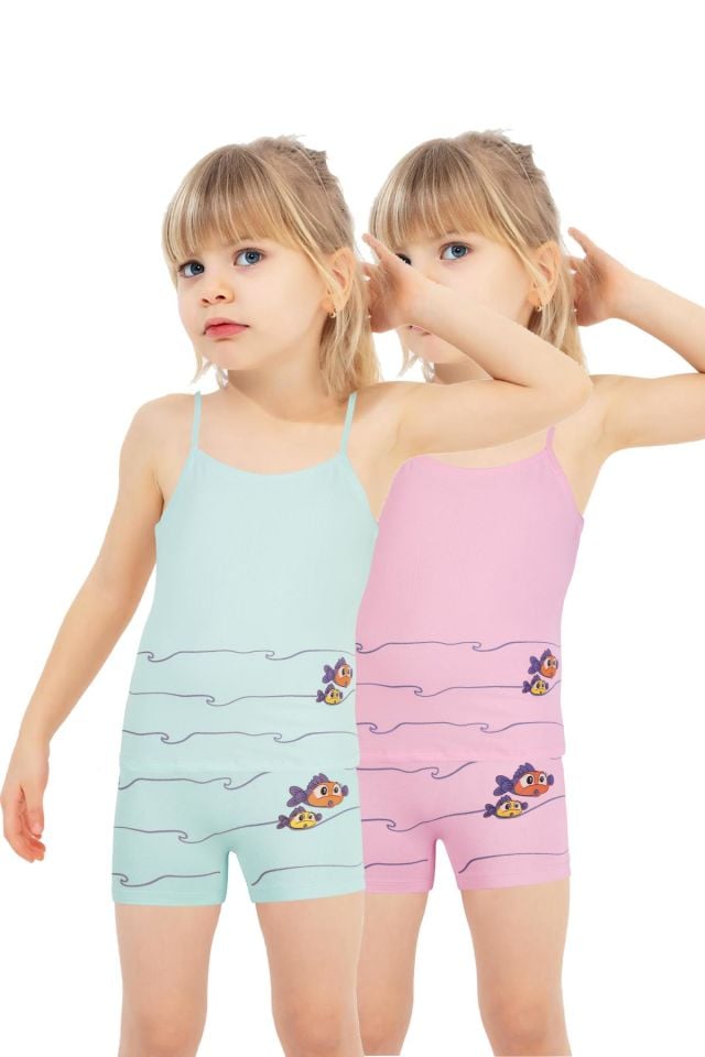 DomiKids Kız Çocuk Pamuklu Atlet-Boxer Takım 2'li Paket